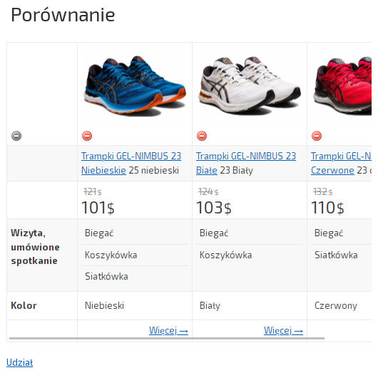 Cechy produktu, filtr wyszukiwania i porównanie