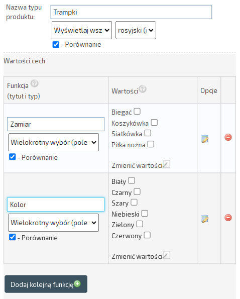 Cechy produktu, filtr wyszukiwania i porównanie